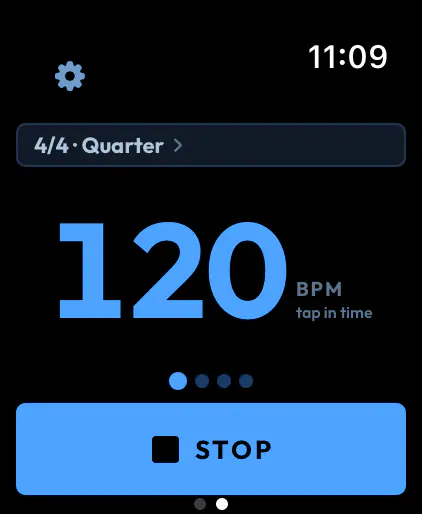 The watch metronome running at 120 BPM in 4/4 quarters, with the first of four beat dots lit and a large Stop button.