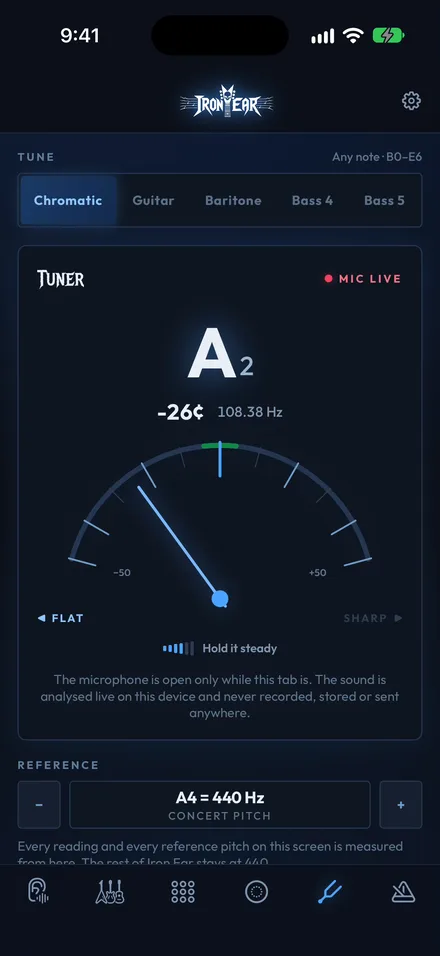Iron Ear on iPhone: the tuner reading A2, 26 cents flat.