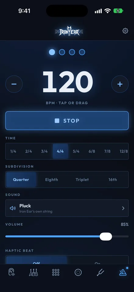 The Iron Ear metronome playing at 120 BPM in 4/4, quarter-note clicks, with the Pluck sound.